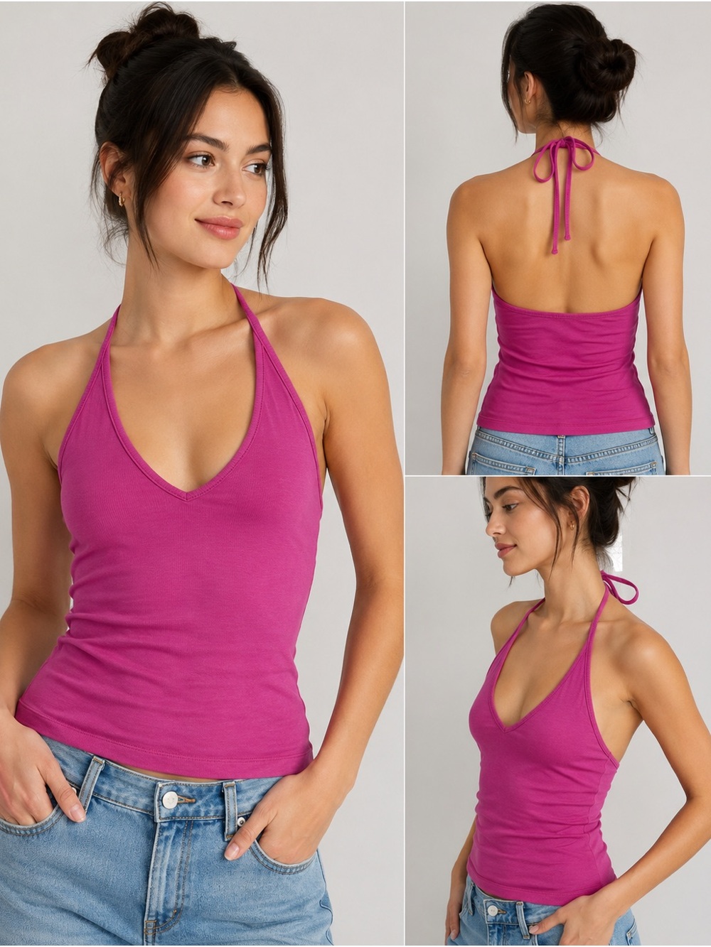 Old Navy Pink Ribbed Halter Tank Top S Y2K Deep V Sleeveless
